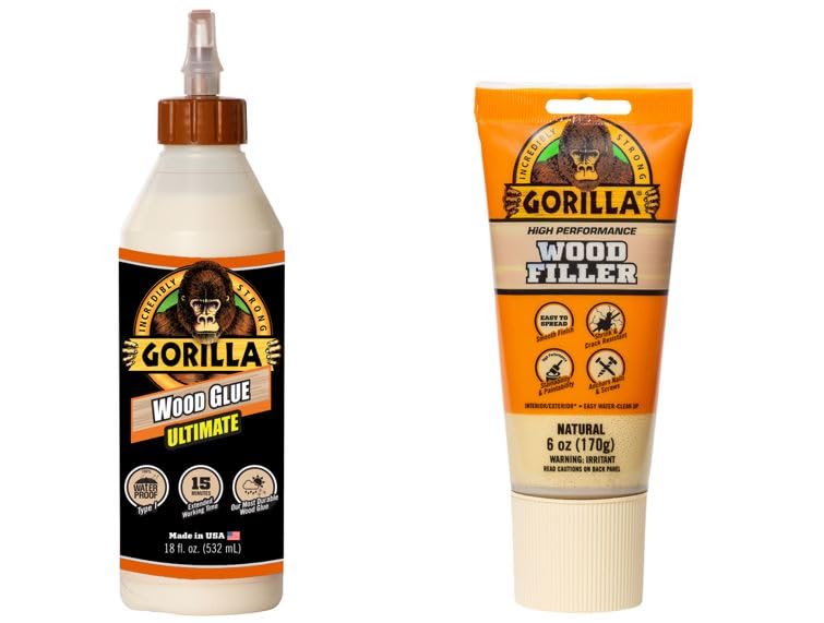 Bundle of Gorilla Ultimate Waterproof Wood Glue, 18 Ounce, Natural Wood Color, (Pack of 1) + Gorilla All Purpose Wood Filler, 6oz Tube, Natural (Pack of 1)