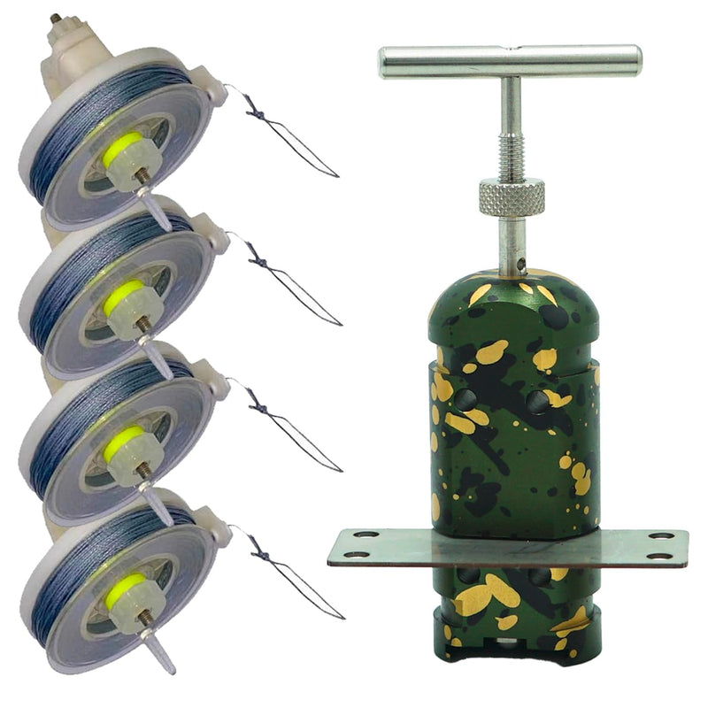 Trip Wire Reel and Trip Alarm Bundle Set - 12 Gauge Quad 3.0-85 ft Kevlar Reusable 50 lb Reels - Perimeter Defense Device 360° Coverage Warning Security for Camping Safety 4 Pack Reel Camo