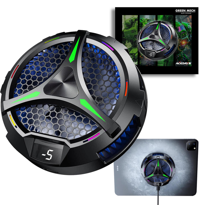 Magnetic Cooler for iPad,Tablet Cooler for ipad/surface pro/Samsung Tab,Universal Radiator with Temperature Display for Mobile Gaming,Tiktok Live Streaming (Green Mech) Green Mech