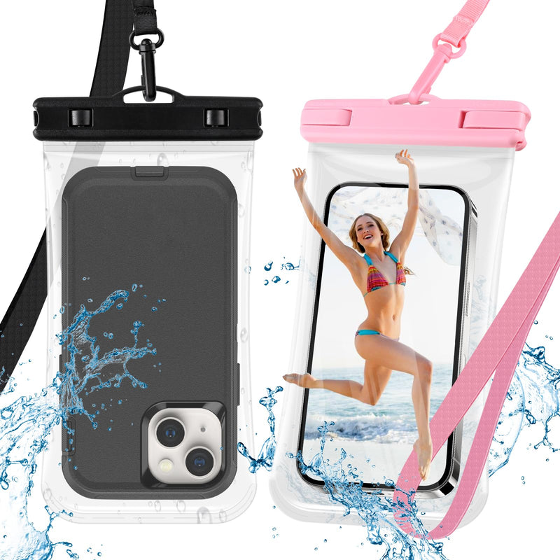 [2 Pack] Waterproof Phone Pouch/Case - IPX8 Large Cell Phone Dry Bag Beach Travel Essentials with Detachable Lanyard for iPhone 15/14/13 Pro Max/ S24 Up to 8.3”- [3D DESIGN] - Black & Pink
