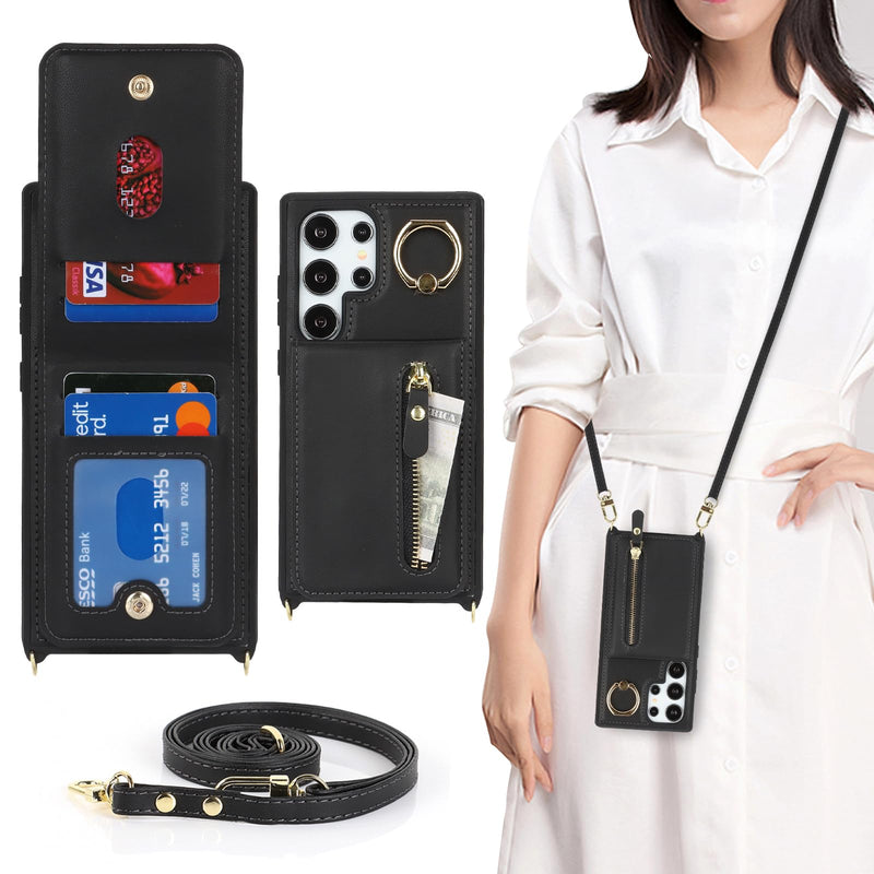 for Samsung Galaxy S24 Ultra Wallet Case with Card Holder, for Galaxy S24 Ultra Case Wallet with Strap Credit Card Slot, Crossbody Bag with Zipper Case for Galaxy S24 Ultra - Black