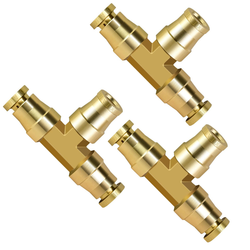 MuHize 1/4" Air Line Quick Connect Fittings - Upgraded Brass Air Brake Line Fitting Push To Connect Fittings Tee 1/4" OD Tube Air Line Connector for Semi Truck Trailers Industry Air System 3Pcs 1/4IN-3PCS Tee