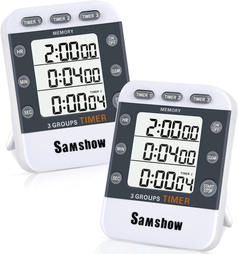 Samshow (2 Pack) Digital Kitchen Timers for Cooking Triple Timer Count UP/Down Dual Timer Large LCD Display, White 382*2