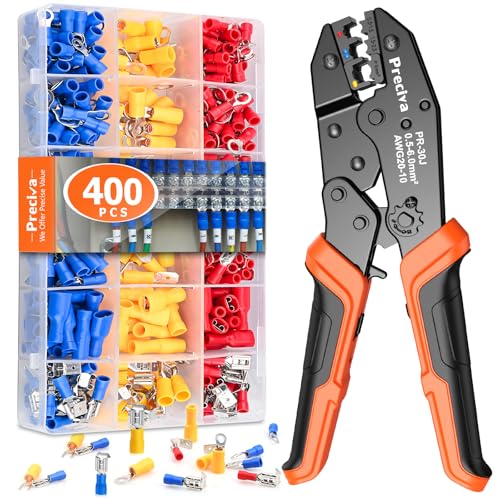 Preciva Crimping Tool Kit for Insulated Wire Connectors, AWG20-10 Ratcheting Wire Terminal Crimper with 400Pcs Insulated Connectors RC50400