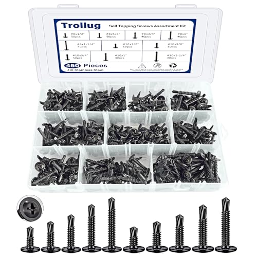 450PCS Self Tapping Screws for Metal, 410 Stainless Steel Self Drilling Screws #8#10 Truss Head Sheet Metal Screws Assortment Kits, Length 1/2"" to 1-1/4'' (Black) Black