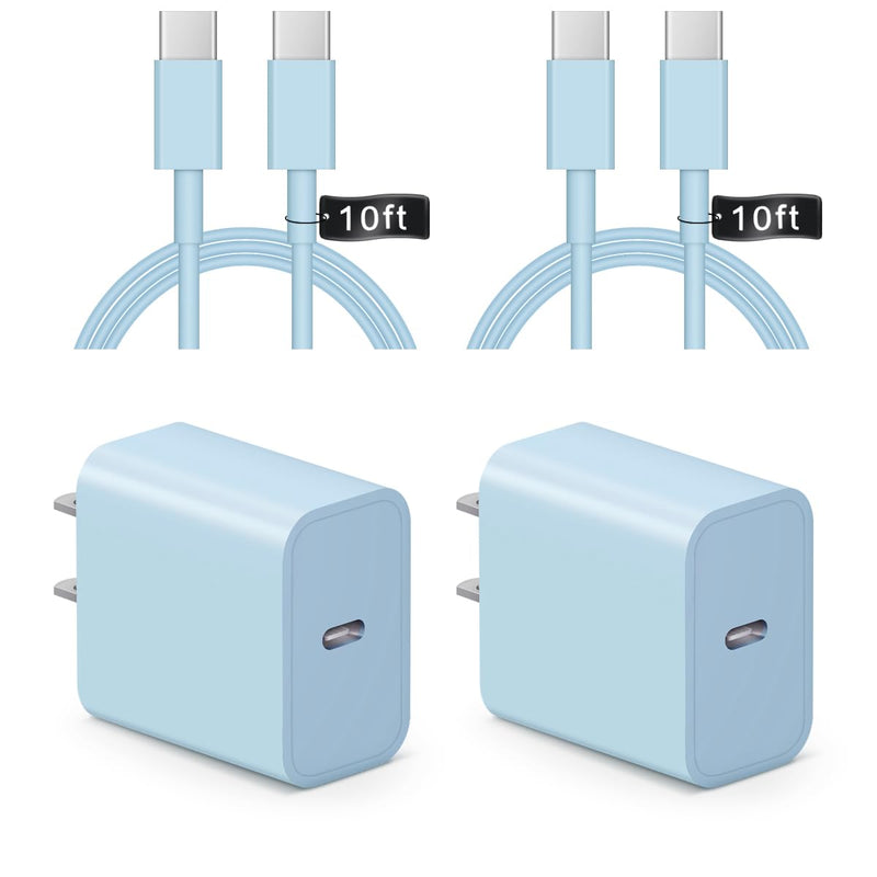 iPhone 16 15 Charger Fast Charging 10Ft - 2 Pack 20W USB C Wall Charger Block and Type C to C Cable Compatible with iPhone 16/16 Pro/16 Pro Max/iPhone 15, iPad Pro, Air 5/4, iPad 10 (Blue) Blue