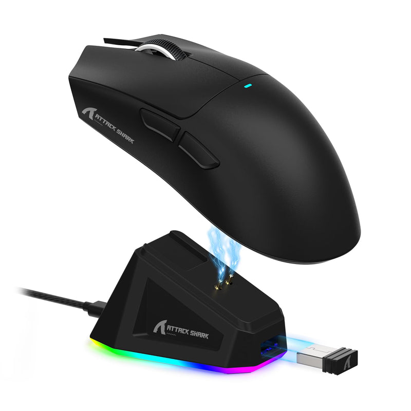 ATTACK SHARK X11 Lightweight Wireless Gaming Mouse with RGB Charging Dock,Tri-Mode-2.4G/USB-C Wired/BT,Up to 22K DPI,PAW3311 Optical Sensor,HUYU Switch, 5 programmable Buttons for PC/Mac(Black) Black