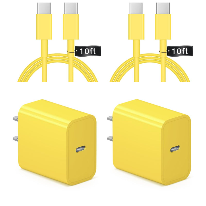 iPhone 16 15 Charger Fast Charging 10Ft - 2 Pack 20W USB C Wall Charger Block and Type C to C Cable Compatible with iPhone 16/16 Pro/16 Pro Max/iPhone 15, iPad Pro, Air 5/4,iPad 10（Yellow） Yellow