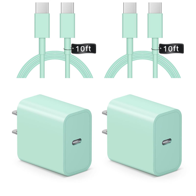 iPhone 16 15 Charger Fast Charging 10Ft - 2 Pack 20W USB C Wall Charger Block and Type C to C Cable Compatible with iPhone 16/16 Pro/16 Pro Max/iPhone 15, iPad Pro, Air 5/4,iPad 10 (Green) Green