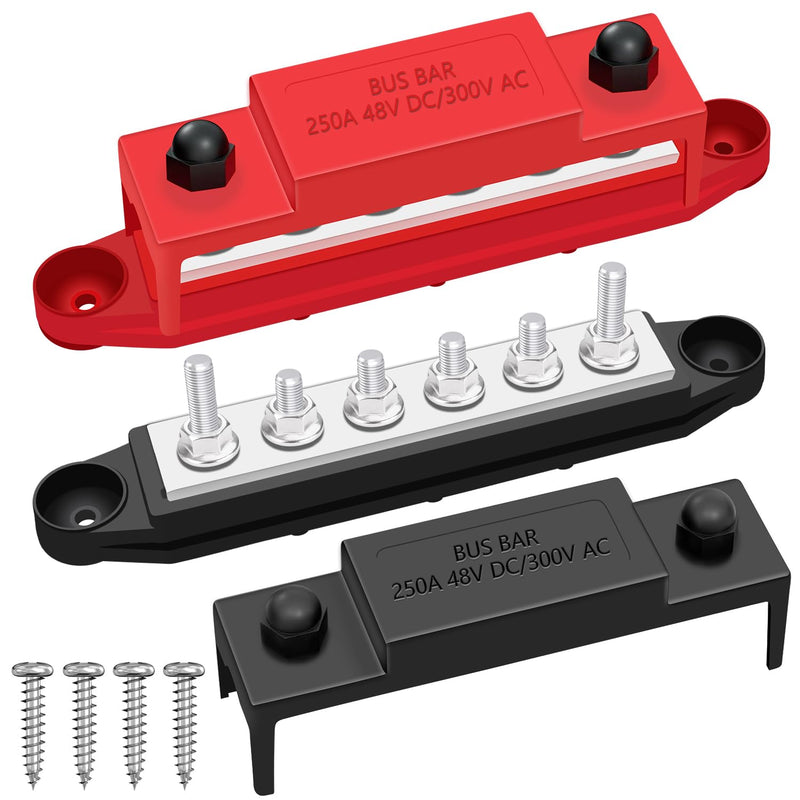 12V 250A Bus Bar Marine 6 x 1/4"(M6) Studs Power Distribution Block for Car and Boat (Black+Red) Style A-250A