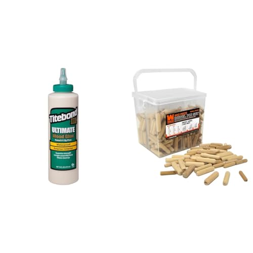 Titebond III Ultimate Wood Glue 1414 16oz and Wen 400-Piece Fluted Dowel Pin Variety Bucket with 1/4, 5/16, and 3/8-inch Dowels