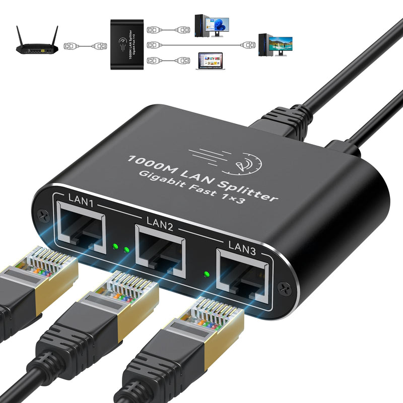 Ethernet Splitter 1 to 3 1000Mbps Internet Cable Splitter 1 in 3 Out High Speed Either Network Splitter Gigabit Dual LAN RJ45 Port Router Switch Work with Cat6/7/8 Cable Ethernet Splitter 1 to 3