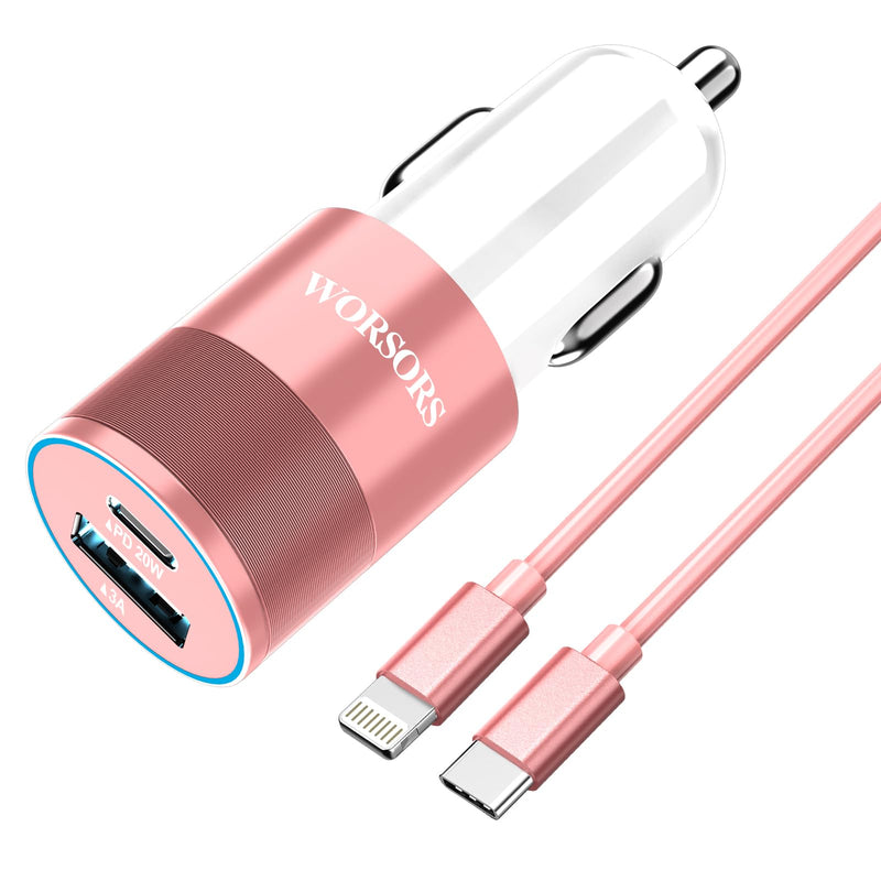 35W USB C Fast Car Charger [Apple MFi Certified] Compatible with iPhone 14 Pro/14 Pro Max/14+/13/12/11/Mini/XS/XR/8, 20W PD3.0 Rapid Charging Adapter + 3Ft Type C to Lightning Cable - Pink Rose Gold