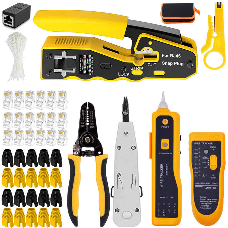 LEATBUY CAT6 Crimp Tool Kit for RJ45 CAT5, Professional Network Crimper Wire Connector Stripper Cutter, Computer Maintenance Lan Cable Pliers Tester Repair Punch Down Tool Set(YELLOW) Yellow