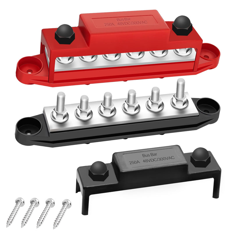 250A Bus Bar 12V Marine 6 x 1/4" (M6) Terminal Studs,12V-48V Power Distribution Block with Cover,Battery Bus Bar for Boat Automotive Car and Solar Wiring Type A