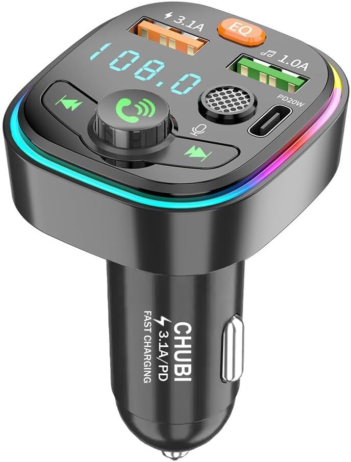 Bluetooth Car Adapter, Fm Transmitter Bluetooth, Wireless Modulator with Led Display Car Kit, Fast Car Charger & USB C Port, MP3 Player Radio Kit for Car Stereo, 12V Cigarette Lighter Adapter