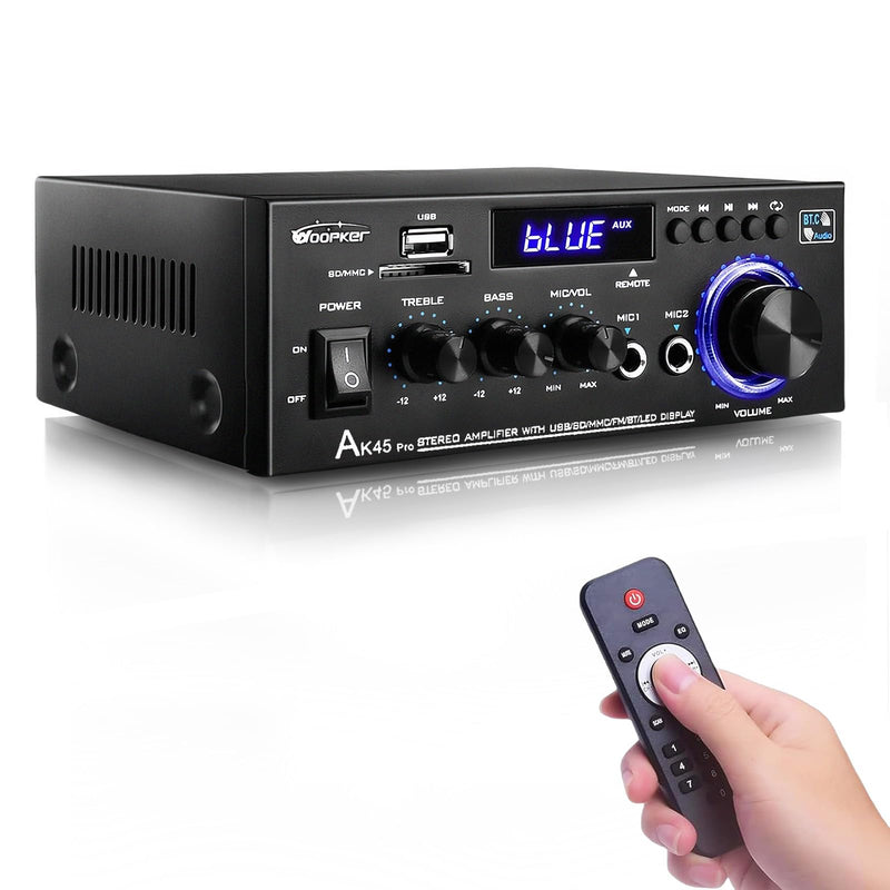 AK45 Pro Stereo Amplifier Home Audio, Stereo Receivers with Bluetooth 5.0,Max 400W, 2.0 Channel Audio Receiver for Home Theater Speakers w/USB/SD/RCA/2 MIC in for Karaok AK45 PRO