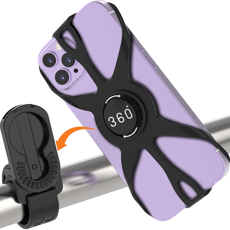 Bike Phone Holder, Motorcycle Phone Mount Cell Phone Mount- 360° Rotatable, Silicone Bicycle Phone Mount for Motorcycle Bicycle Scooter, for 15 Pro Max / 14/13, S10 and More 4.7-6.8" Phone Black