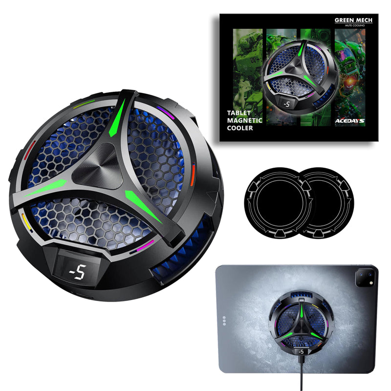 iPad Cooler,Magnetic Tablet Cooler for ipad/surface pro/Samsung Tab,iPad cooing Fan with Temperature Display for Mobile Gaming,Tiktok Live Streaming (Green Mech+3 pcs Magnetic Suction Sheet) Green Mech+3 pcs Magnetic Suction Sheet