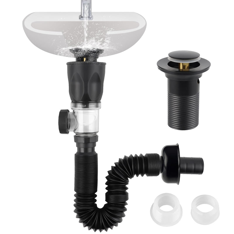 iFealClear Bathroom Sink Drain Kit, Flexible P-Trap Drain Pipe with Pop Up Stopper, Expandable Bathroom Sink Pipe Replacement with 2 Adapters, Fits 1-1/4'', 1-1/2'', 2" Holes, Hair Catcher, Black Matte Black Modern