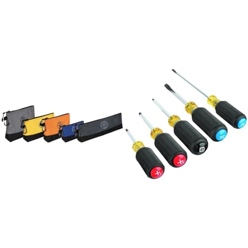Klein Tools 55569 Stand-Up Zipper Bag Tool Pouch with Carabiners, Reinforced Gusseted Bottoms, Water Resistant 1680d, Multi-Size 5-Pack HOLSTER + Color-Coded Screwdriver Set