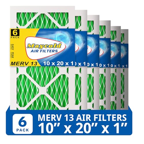 Maycold MERV 13 10x20x1 Air Filter (6-Pack), High-Efficiency Pleated AC & Furnace Filters, Actual Size: 9.70” x 19.70” x 0.75”, Individually Wrapped in Plastic 10x20x1 M13 6-PACK