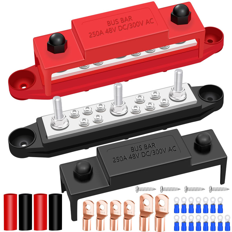 12V 250A Bus Bar Marine 3 x 5/16"(M8) Posts, 10 x #8(M4) Screws Terminals, Power Distribution Block for Car and Boat (Black+Red) Style A-250A