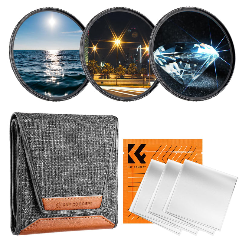 K&F Concept 82mm Star Filters Kit (3pcs) 4 Points 6 Points 8 Points Cross Screen Starburst Filters Set -18 Layer Coating Ultra Slim Optical Glass Camera Lens Filter with 3 Cleaning Cloth