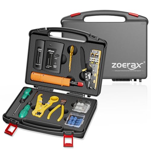Network Tool Kit, ZOERAX 11 in 1 Professional RJ45 Crimp Tool Kit - Pass Through Crimper, RJ45 Tester, 110/88 Punch Down Tool, Stripper, Cutter, Cat6 Pass Through Connectors and Boots Network Tool Kit (11-in-1)