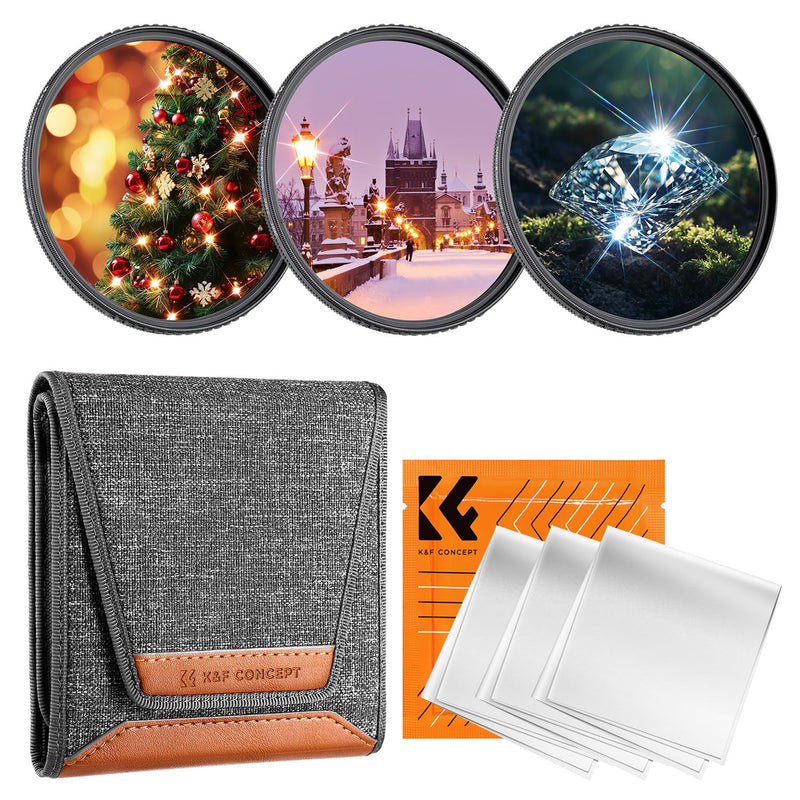 K&F Concept 77mm Star Filters Kit (3 PCS) 4 Points 6 Points 8 Points Cross Screen Starburst Filters Set -18 Layer Coating Ultra Slim Optical Glass Camera Lens Filter with 3 Cleaning Cloth