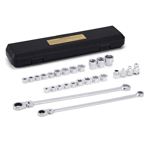 EMENTOL 27PCS Extra Long Flex Head Ratcheting Wrench Set, CR-V, Double Box End Ratchet Wrench Set with 8mm - 22mm, E8 - E22, 1/4", 3/8", 1/2" Socket Adapters Replacement Heads 27PCS WRENCH SET