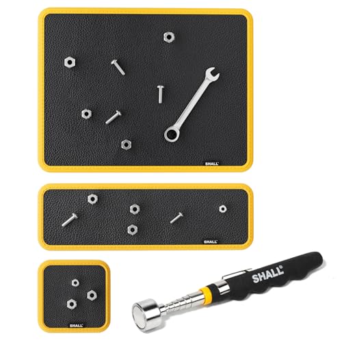 SHALL 3-Piece Magnetic Tool Parts Mat and Telescoping Magnetic Pickup Tool, Flexible Magnetic Tool Holder Pad W/ 83 Built-In-Magnets & 25LBS Pull Force Extendable Magnet for Mechanic Wrench Screw Bolt 3PC Magnetic Mat with Pickup Tool