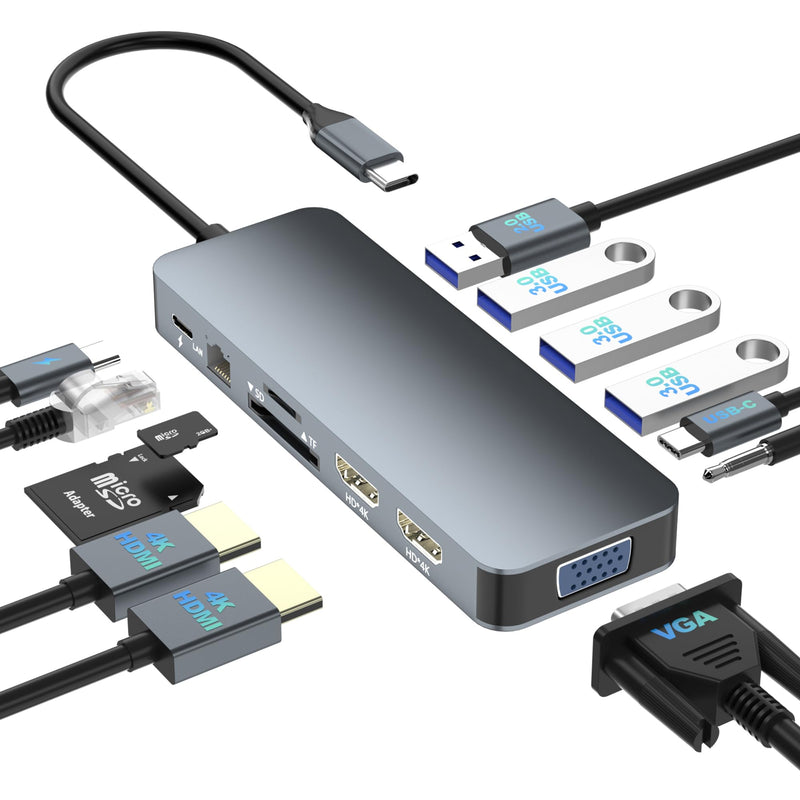 Docking Station Dual Monitor for Dell/HP/Lenovo/Surface Laptop, Dual HDMI Adapter for 2 Monitors, Laptop Docking Station Dual Monitor, 13 in 1 USB C Hub with HDMI/VGA/USB/PD/Ethernet/SD/TF/Audio