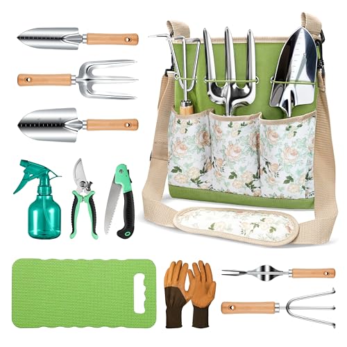 Grenebo Gardening Tools Garden Tool Sets 11-Piece Rust Resistant Kit Green