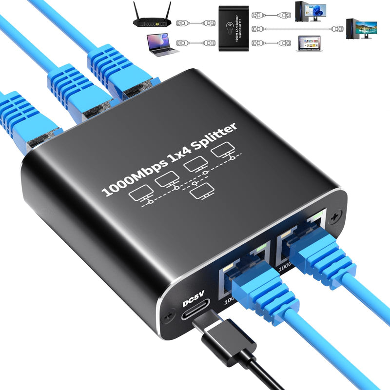 1000Mbps Ethernet Splitter 1 to 4 High Speed Rj45 Splitter, 4 Devices Simultaneously Networking, LAN Network Adapter with USB Power Cable, Internet Splitter for Cat5/5e/6/7/8 Cable 1000Mbps Ethernet Spltter 1 to 4