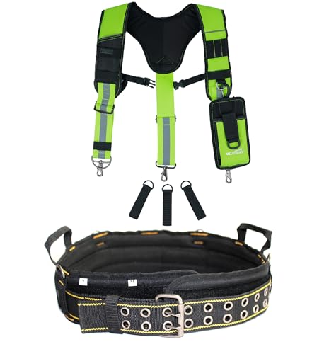 MELOTOUGH 1 PCS Padded Tool Belt with handle strap Construction Work Belt with 4 ring to hook with Tool Belt Suspenders + 1PCS Tool Belt Suspenders Work Belt Suspenders for Men Big and Tall Constructi