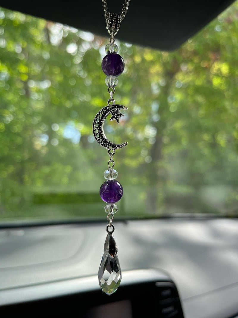 Moon and Star Rear View Mirror Accessories,Crystal Amethyst Stone Bead Car Decor Boho Witchy Suncatcher Healing Car Charm Hanging Ornaments for Women Men