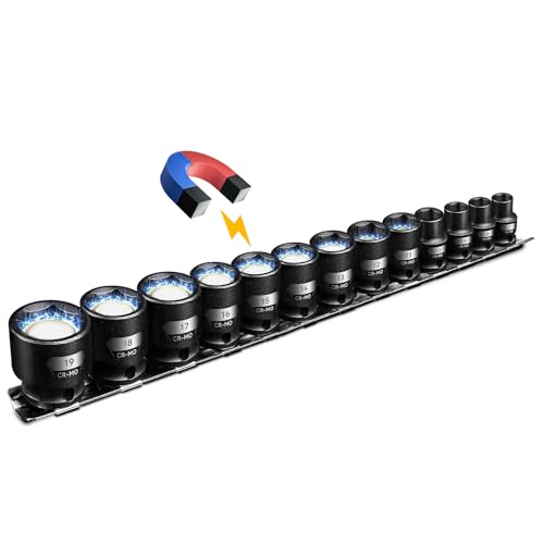 BLACKROBOT 3/8" Drive Magnetic Impact Socket Set, 13-Piece Shallow Socket Set with Storage Rail, Metric Size 7mm-19mm, 6 Point Magnetic Sockets, Cr-Mo Steel 3/8" Dr Metric 13P
