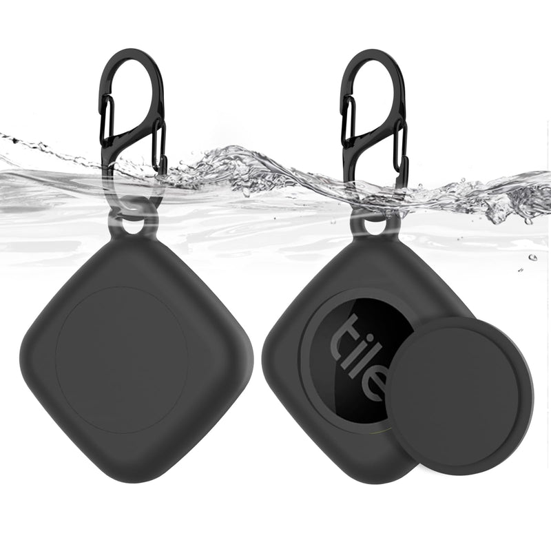 [2 Pack] for Tile Mate Case 2022 with Waterproof Cover, Soft Silicone Case for Tile Tracker, Full Body Protective Cover for Tile Mate Holder, Hidden Tile Key Finder with Carabiner (Black+Black) Black+Black