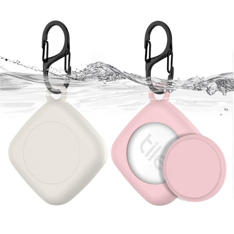 [2 Pack] for Tile Mate Case 2022 with Waterproof Cover, Soft Silicone Case for Tile Tracker, Full Body Protective Cover for Tile Mate Holder, Hidden Tile Key Finder with Carabiner (Off White+Pink) Off White+Pink