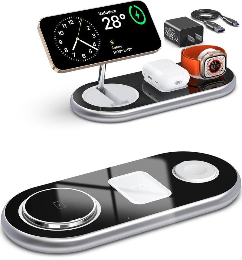 3 in 1 Charging Station for Apple Devices, Faster Mag-Safe Charger Stand, Magnetic Wireless Charger Station for iPhone 15 14 13 12 Pro Max Plus, Apple Watch iwacth & AirPods, Adjustable Angle Crystal Silver
