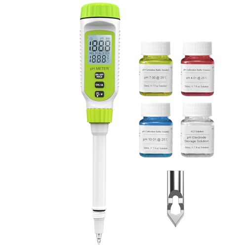 Tadeto pH Meter, High Precision Digital pH Tester for Water, Soil, Pool, Floor, Drinking, Garden, pH Meter with Thermometer LCD Display and Calibration Set and Alloy Protective Cap Green