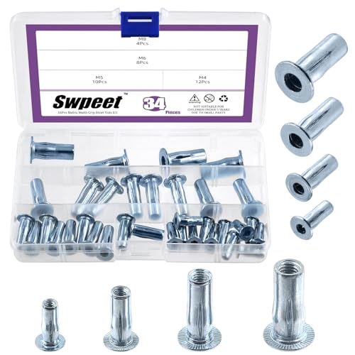 Swpeet 34Pcs 4 Sizes M4 M5 M6 M8 Metric Carbon Steel White Zinc-Plated Multi-Grip Rivet Nuts Plus Nuts Assortment Kit, Bulbed Shank Flat Head Threaded Insert Nut Construction Fasteners for Industrial