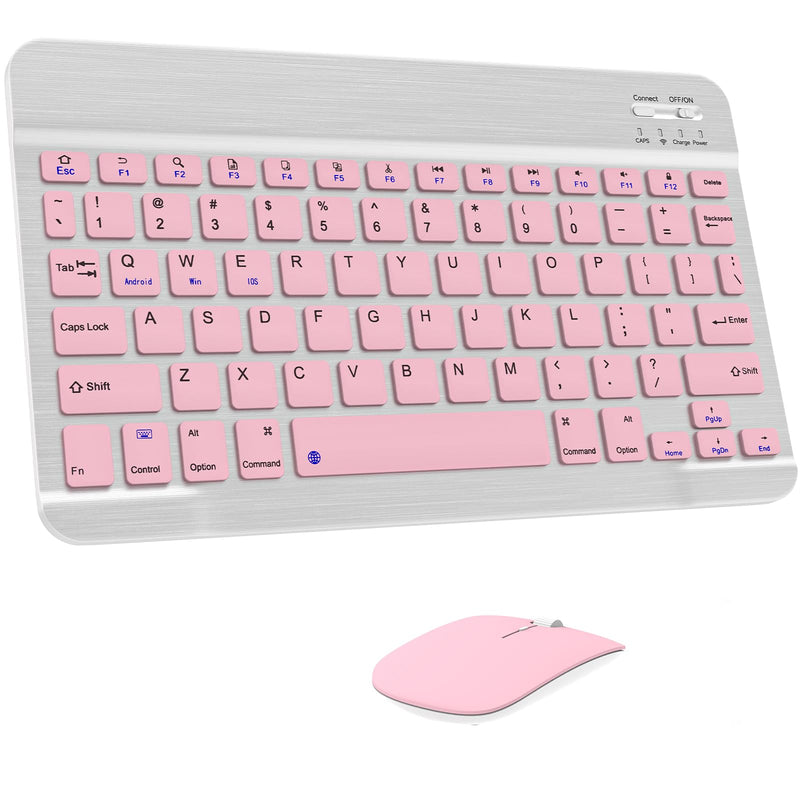 Bluetooth Keyboard & Mouse Combo, QWERTY Layout, 10 inch Ultra-Slim Wireless Rechargeable Keyboard, Lag-Free, Silent Keyboard Compatible with iPhone iPad Computer Tablet Keyboard (Pink) Pink