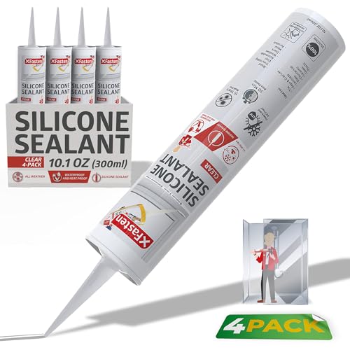 XFasten Clear Silicone Caulk Neutral Cure 10.1 oz (4-Pack) 100% Waterproof Silicone Sealant, Crack and Shrink Resistant, Low Odor, Strong Adhesion Caulking for Kitchen Bath Window Shower Outdoor Use 4-Pack (40.4oz)