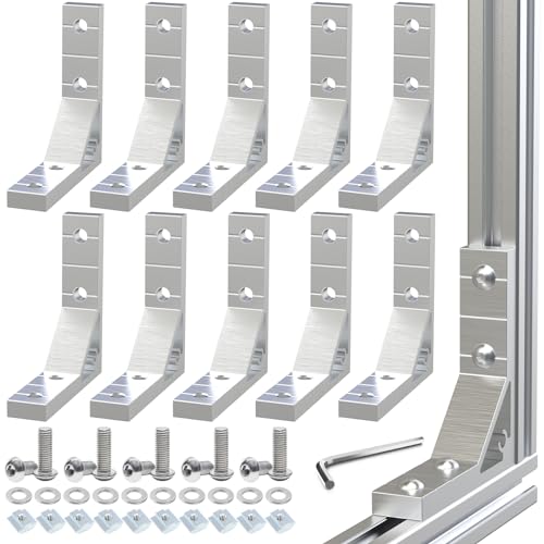 10Sets 2020 Aluminum Extrusion Corner Brackets,Strong Heavy Duty L Shape Brackets Sets with 40Pcs M5 T-Slot Nuts, 40Pcs Screws,Gasket and1Pcs Wrench (Silver) Silver