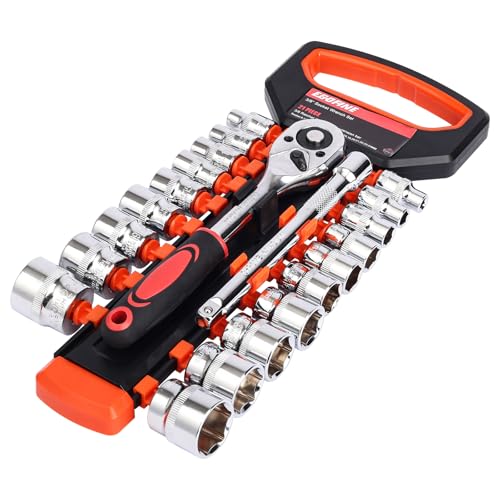 Egofine 21pcs 3/8 Inch Ratchet Socket Wrench Set, Drive Socket Set with 19 Sockets, 6-24mm sockets and 2 Way Quick Released Ratchet Handle and Extension Bar 21pc Standard Socket Set
