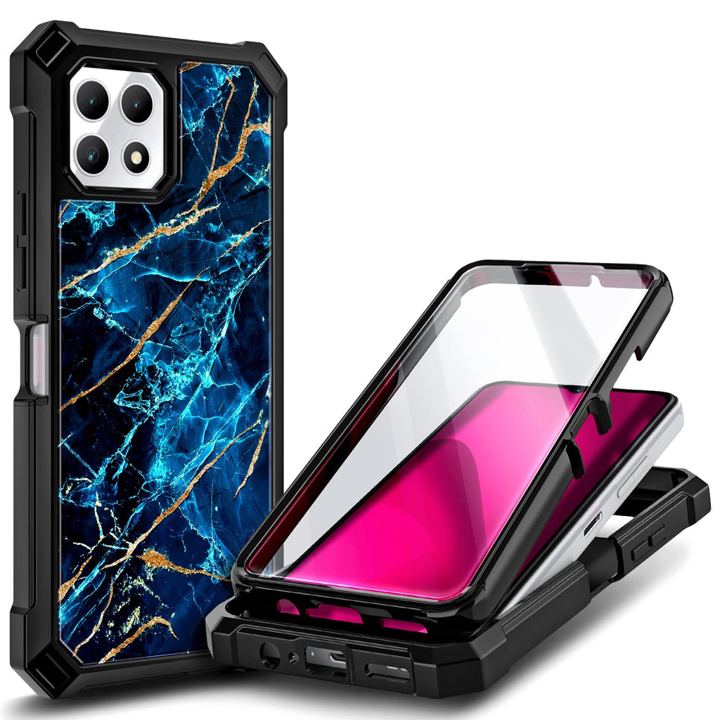 NZND Designed for T-Mobile REVVL 7 5G Case with [Built-in Screen Protector], Full-Body Shockproof Protective Rugged Bumper Cover, Impact Resist Phone Case (Marble Design Sapphire) Blue