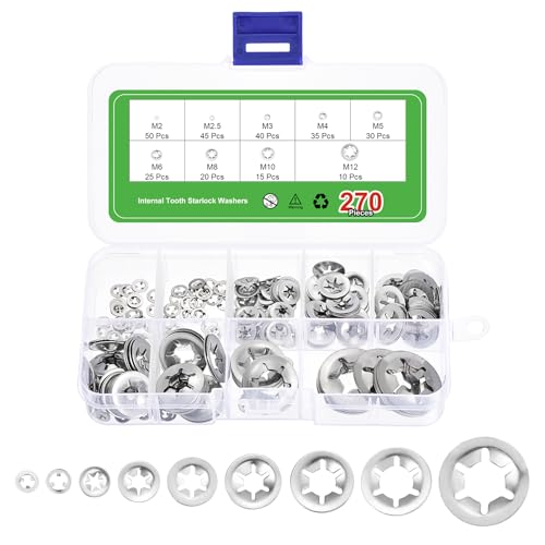 uxcell 270Pcs Internal Tooth Washers Assortment Kit, 304 Stainless Steel Tooth Locking Ring Washers Quick Speed Nut ing Fastener, 9 Size, Silver 270