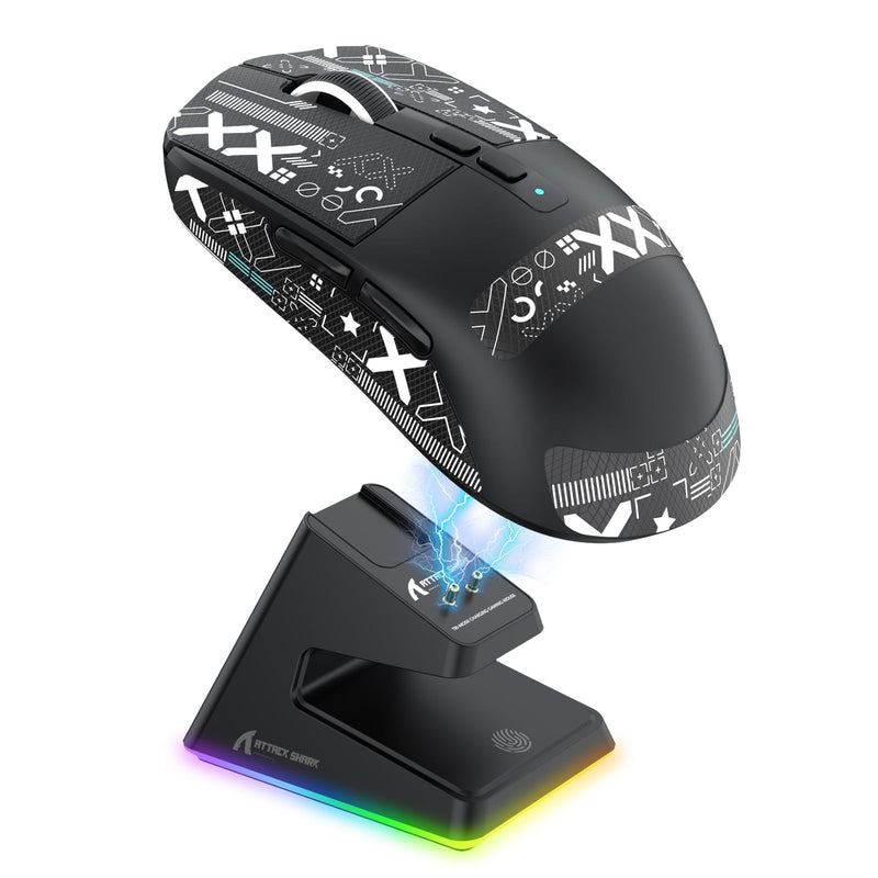 ATTACK SAHRK X6 Wireless Gaming Mouse,49g Ultralight RGB Magnetic Charging Base,Tri-Mode 2.4G/BT5.2/Wired,PAW3395 Sensor 26KDPI, G502 Programmable Mice for Win/Mac-Black&Tape Mouse&Tape&Base Black&Tape
